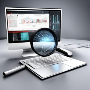 Digital magnifying glass over data analysis graphs on a computer screen.