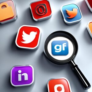 Interconnected social media icons with a magnifying glass overlay.