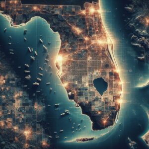 A map of Florida with major cities like Miami and Broward Counties highlighted, representing service areas for legal process servers.