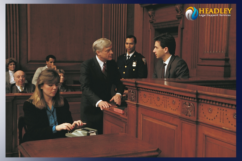 Court reporter using a stenotype machine in a courtroom - Headley Legal Support Services Florida