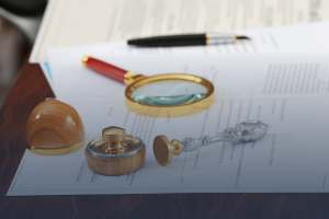 Legal paperwork with a stamp, magnifying glass, and pen on a desk- Headley Legal Support Services in Florida